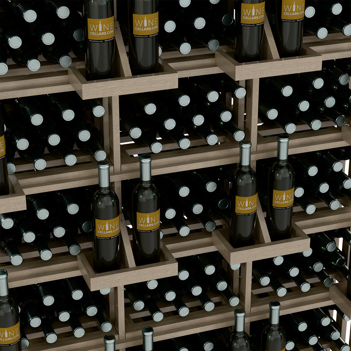 Close-up of light wood bottle wall display with bottles in front-facing openings