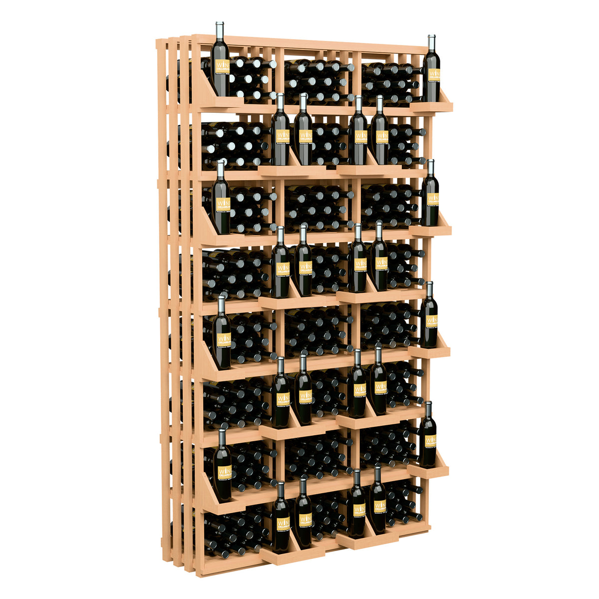 Light wood wall wine bottle display rack with open multi-tier shelves for bottles