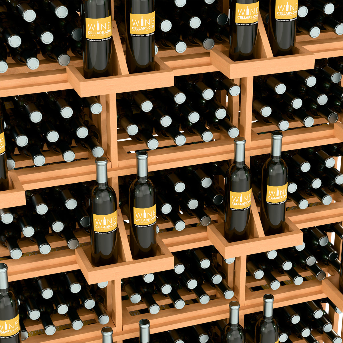 Close-up of wine bottles in wood bulk bin shelves with metal bottle neck caps