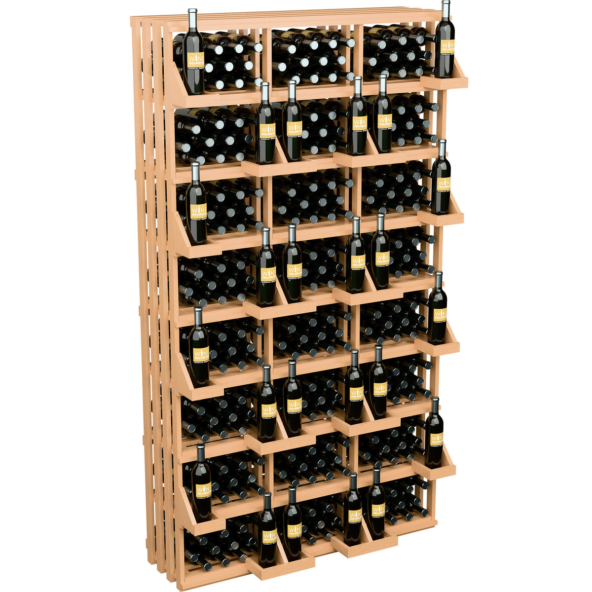 Light wood wine bottle wall display with open shelves for multiple bottles per row