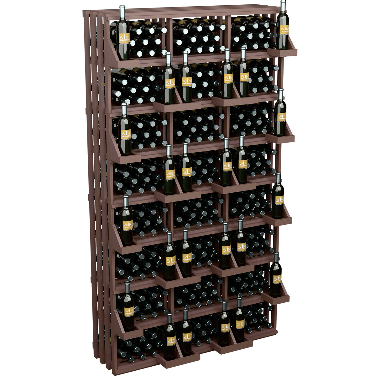 312-bottle commercial wall wine display with dark wood shelves and multiple bottle rows