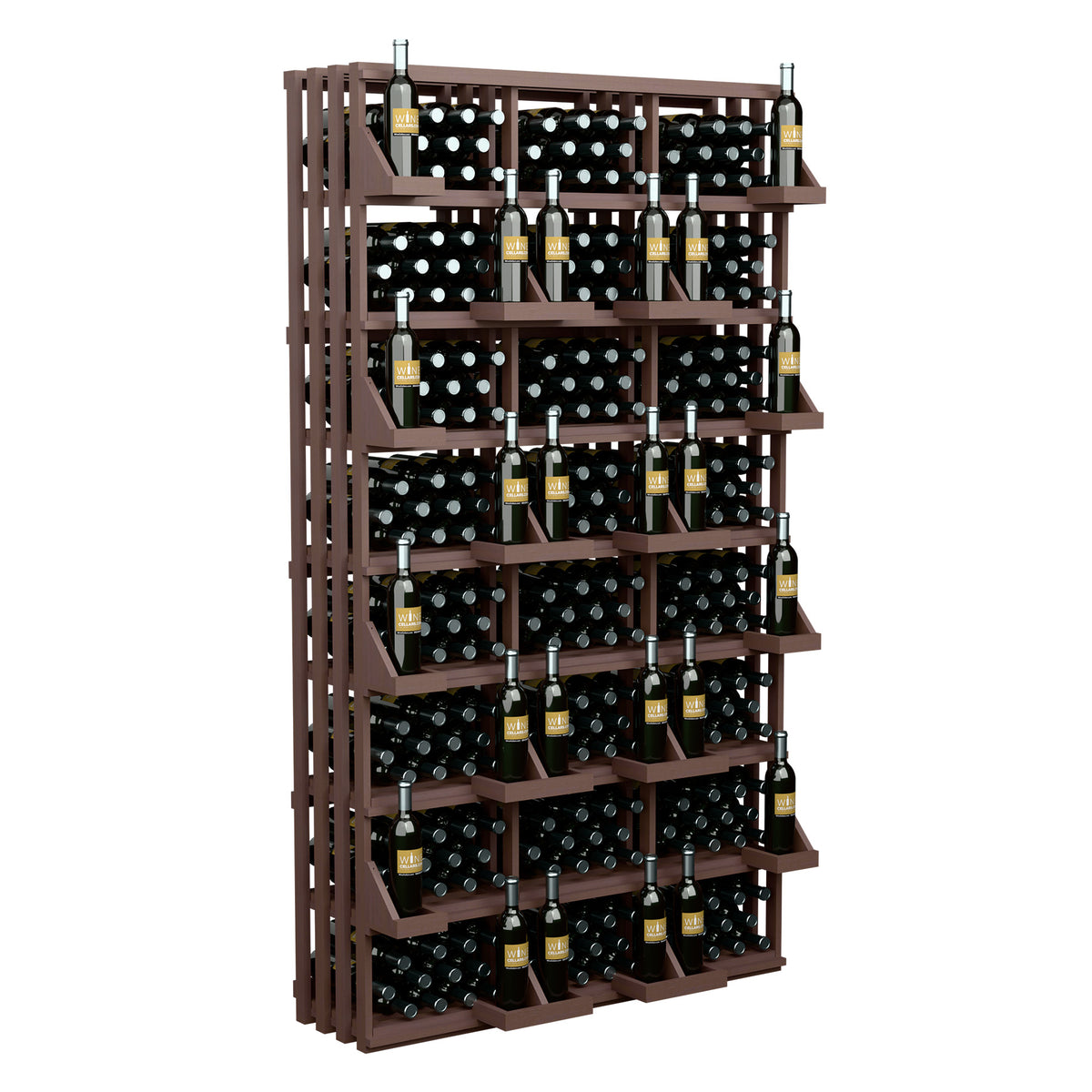 Commercial wine bottle wall display rack with multiple bottle slots and bulk bins