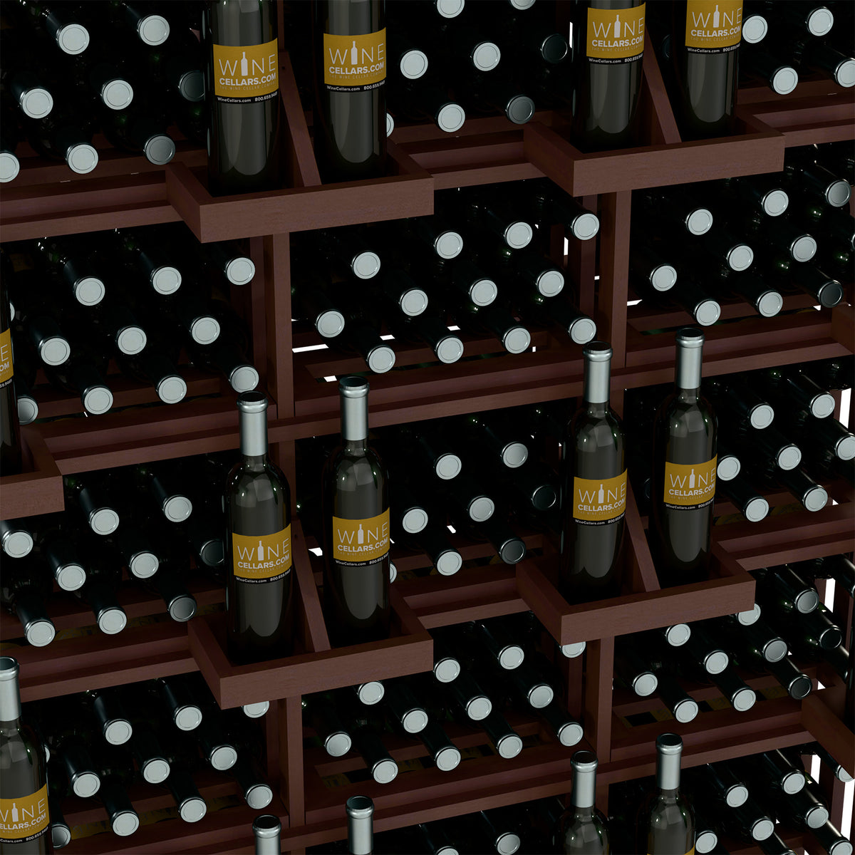 Close-up of wine bottle bulk bins with brown shelving and dark bottles in rows.