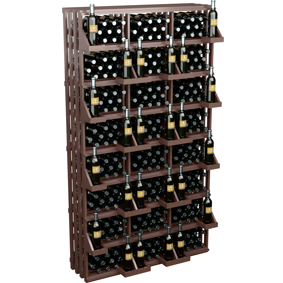 Wine bottle wall display with bulk bins, dark wood rack with rows of black bottles