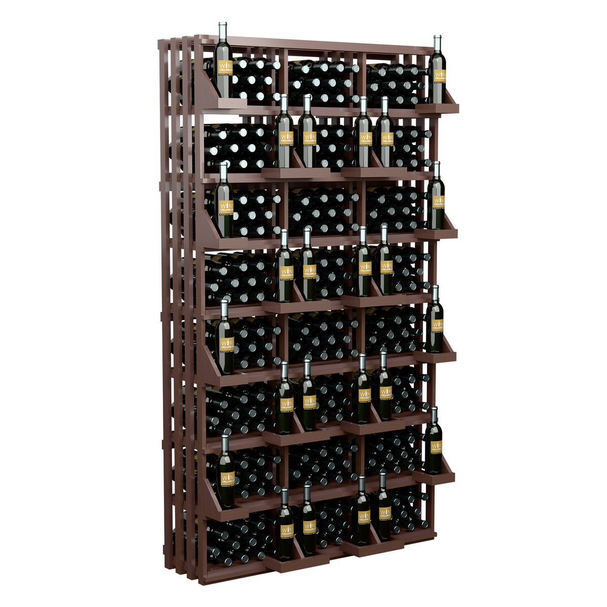 Wine bottle wall display with bulk bins, dark wood bottle rack with upright black bottles