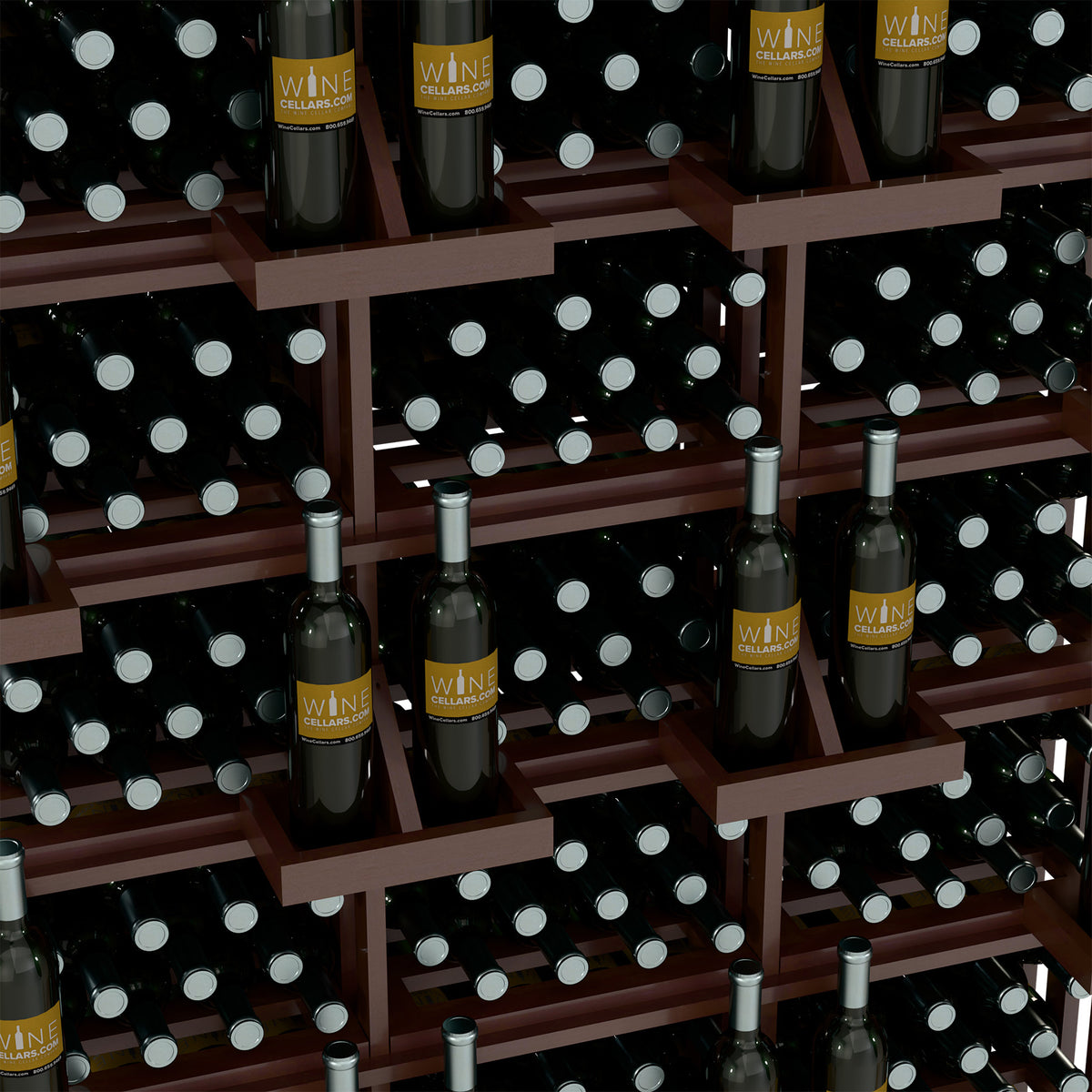 Wine bottle wall display with bulk bins, dark wood shelves with black bottles and silver caps