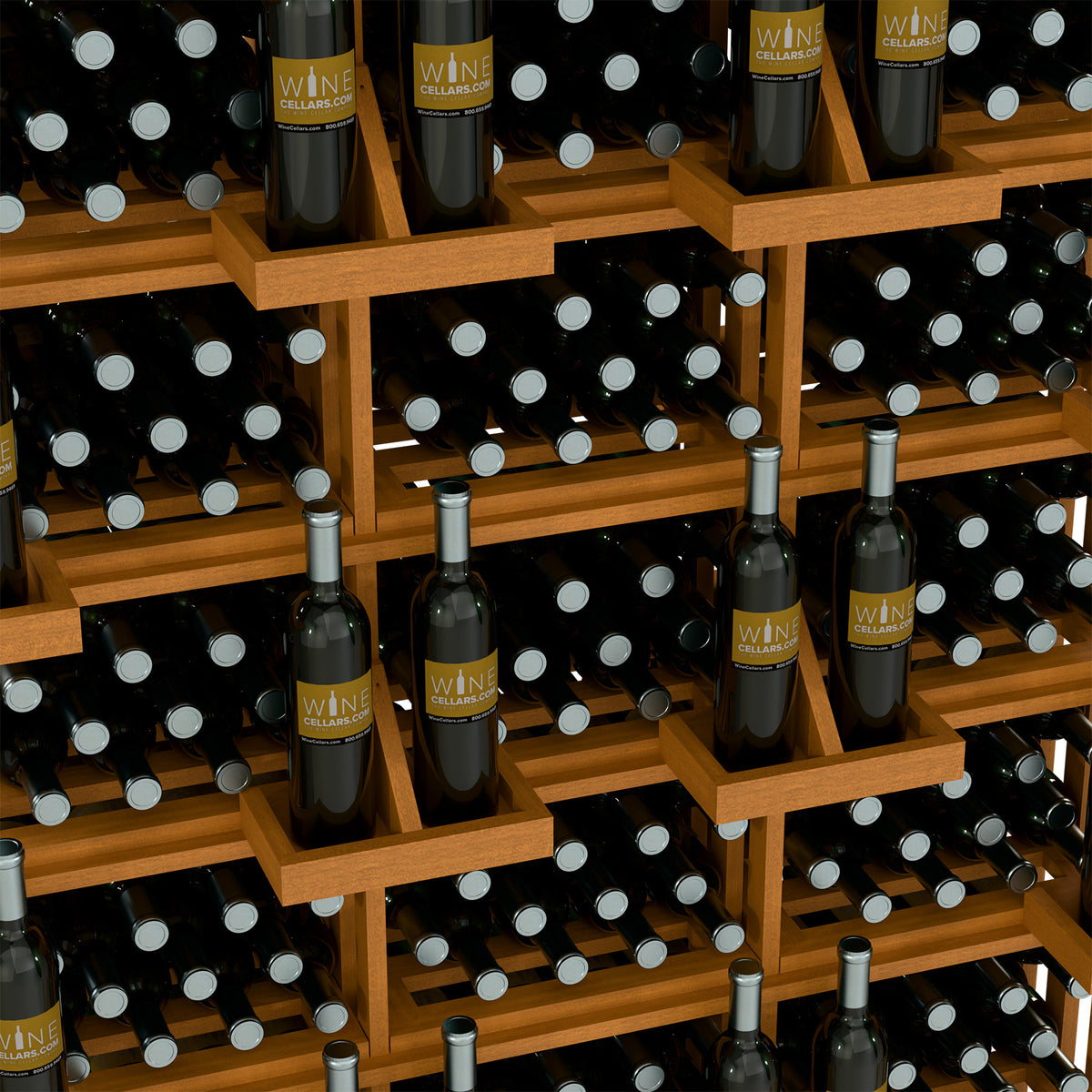 Natural wood wine wall display with bottle rows on shelves and angled bulk bin spaces
