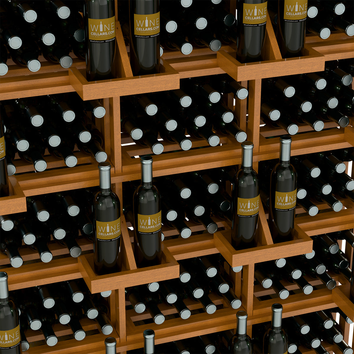 Wine bottle wall display with bulk bins, dark wood shelves filled with black bottles