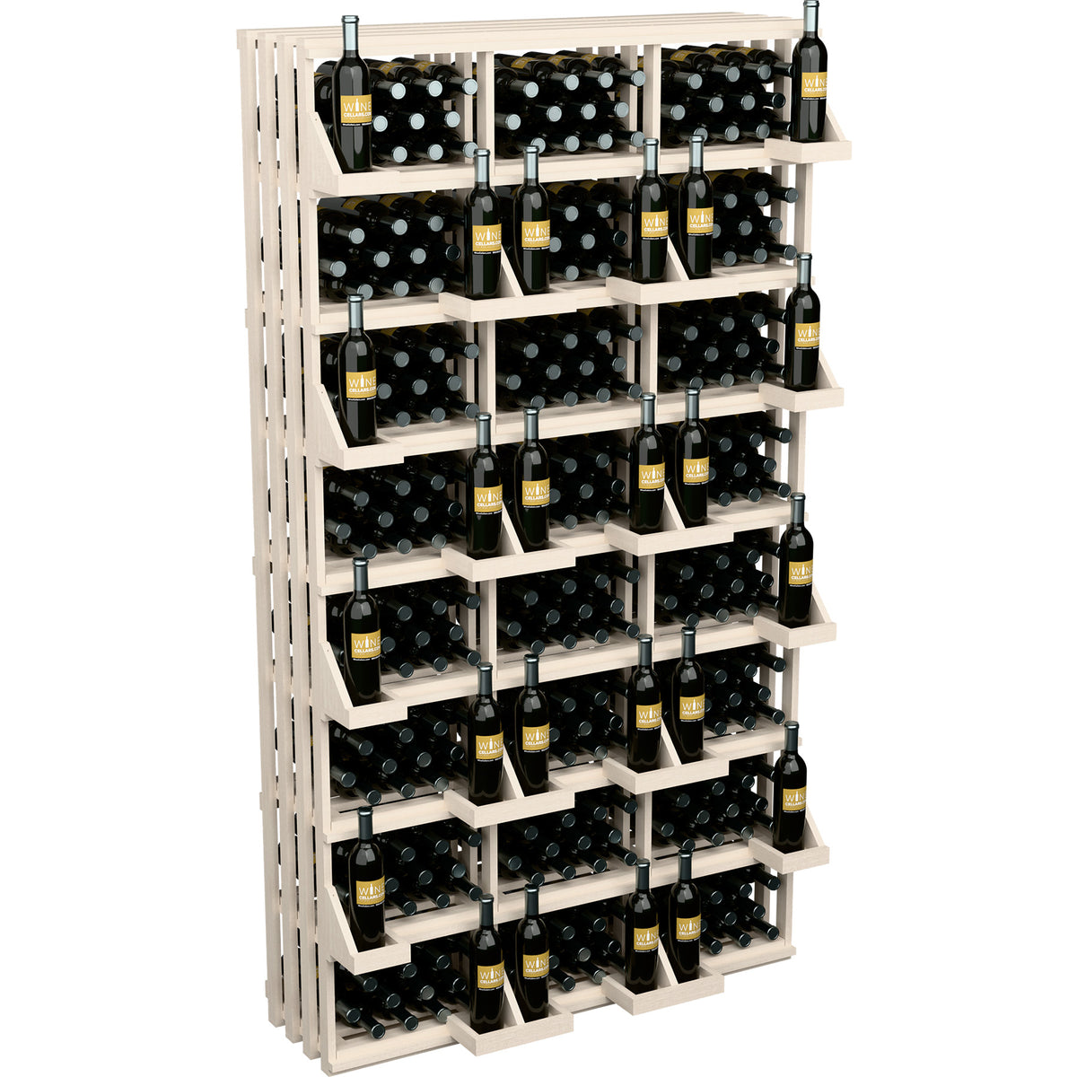 Light wood wall wine bottle display rack with open shelves holding wine bottles