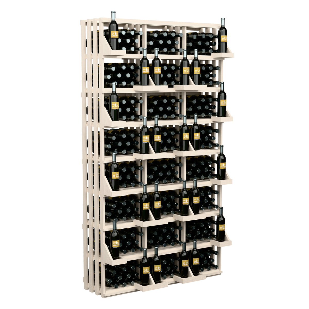 Light wood wine bottle display rack with stacked compartments for bottles
