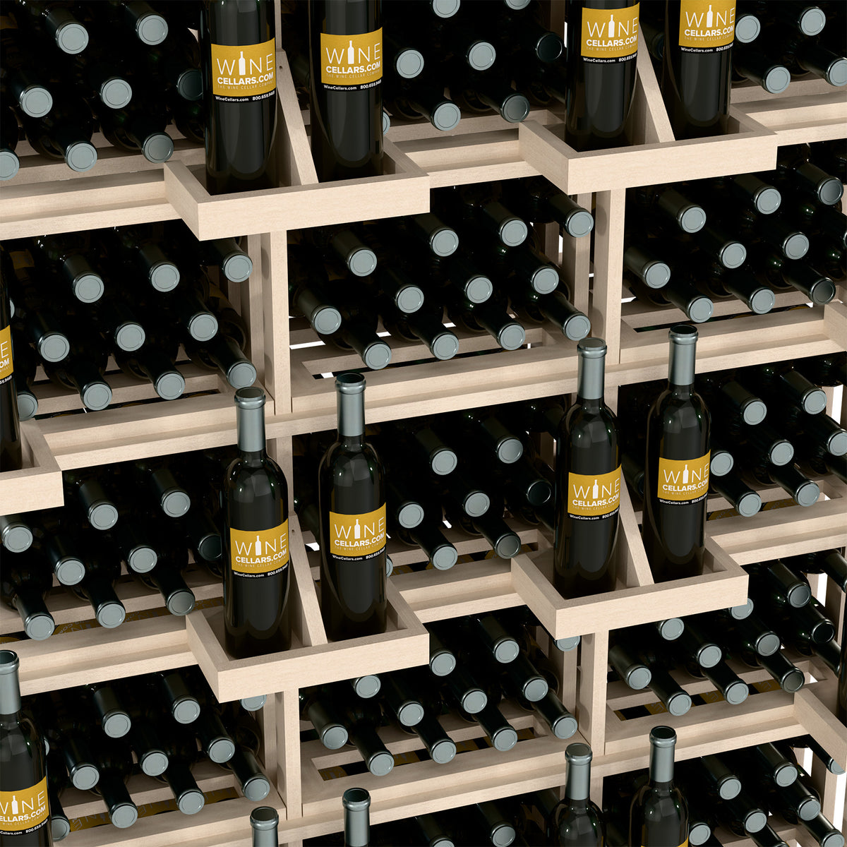 Wood wine bottle display shelves packed with dark bottles and round labels