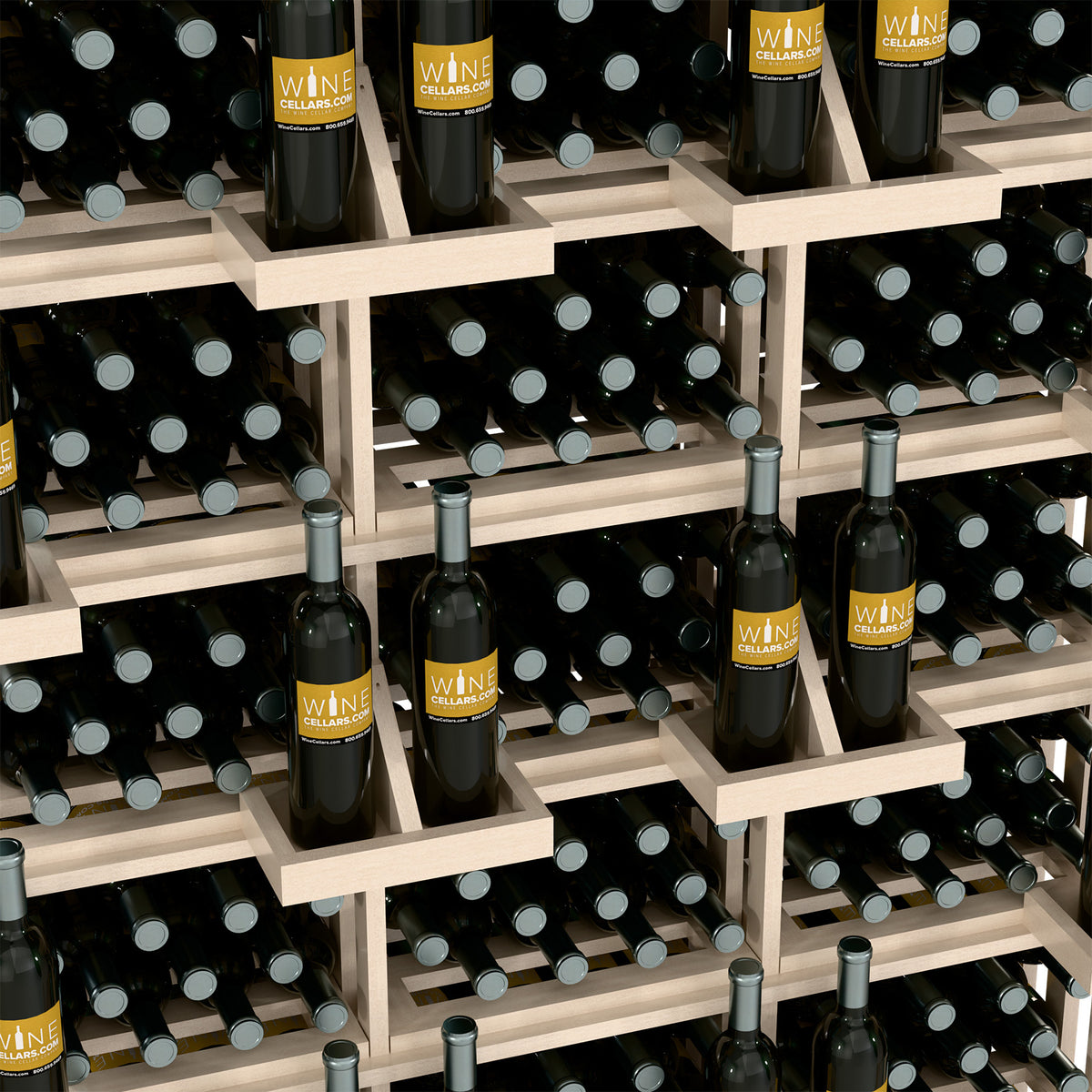 Wine bottle wall display with bulk bins, light wood shelves holding black bottles with labels