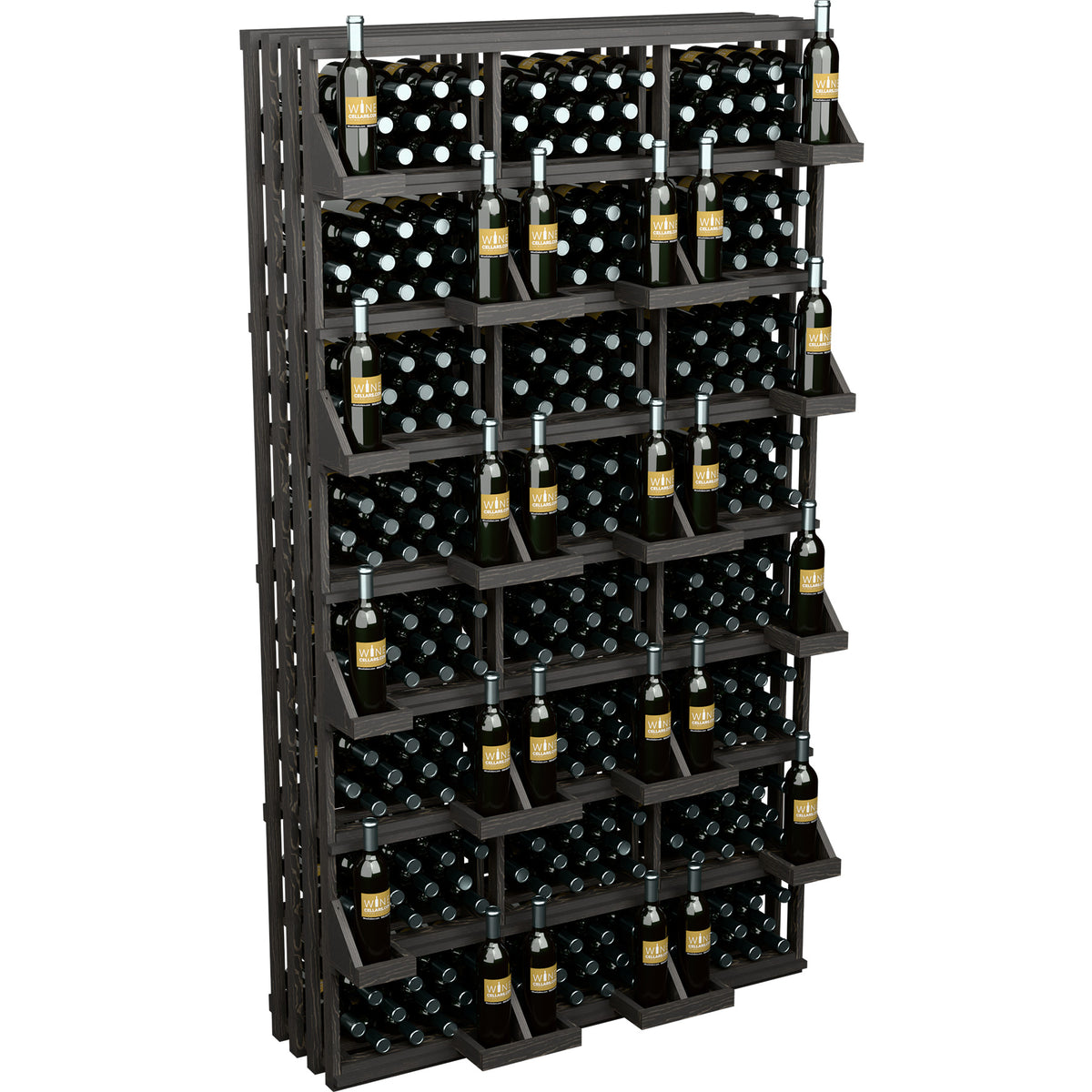 Black wall-mounted wine bottle display rack with multi-tier shelves for bottles