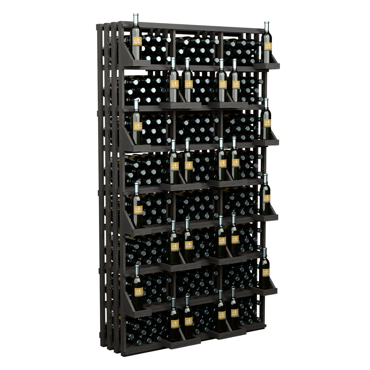 Black commercial wall wine display rack with bottle shelves and many front-facing bottle slots