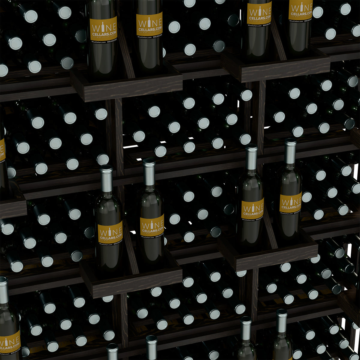 Close-up of wine bottle bulk bins with dark bottles and light-labeled necks.