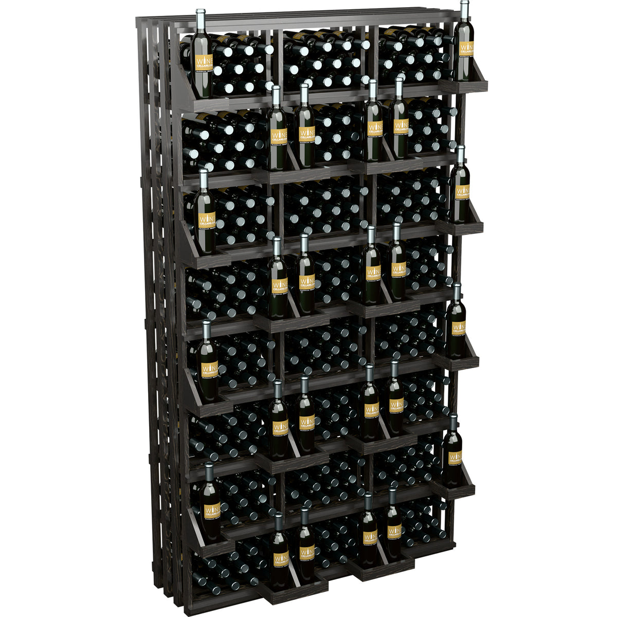 Black wine bottle display rack with multiple rows of bottles in storage bins