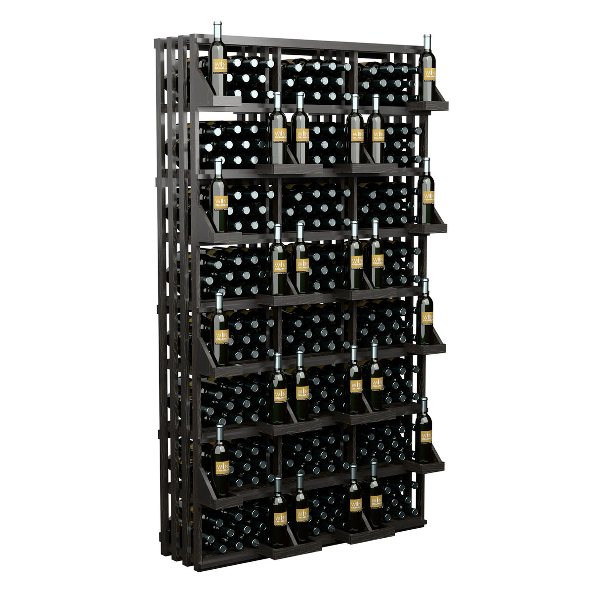 Black wine bottle display rack, front three-quarter view with stacked bottle bins