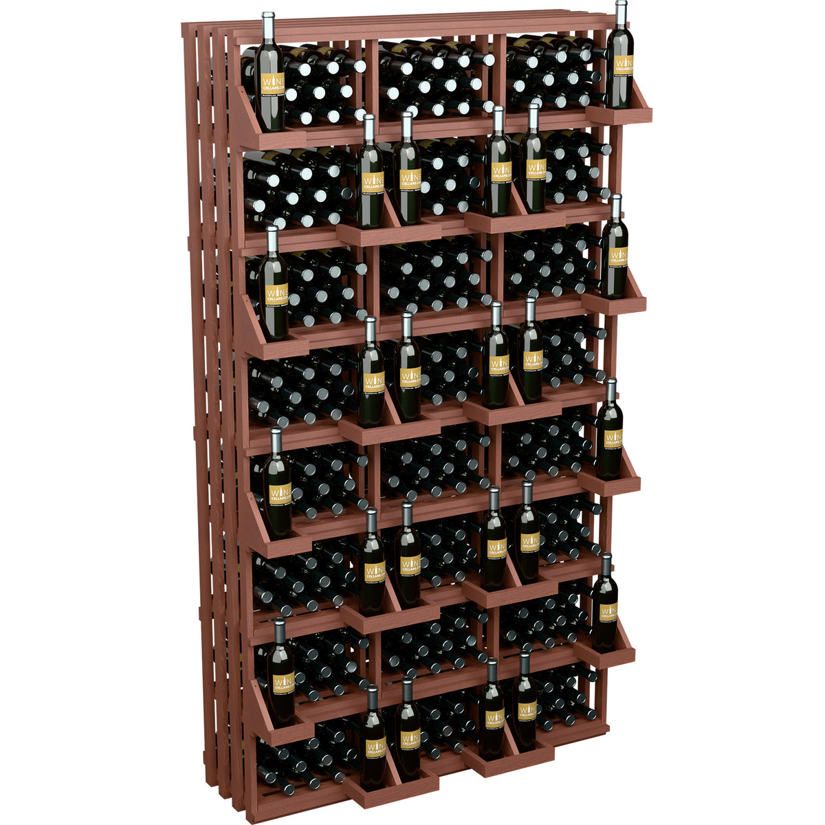 Rose-brown wood wine bottle wall display with bulk bins, filled with capped bottles.