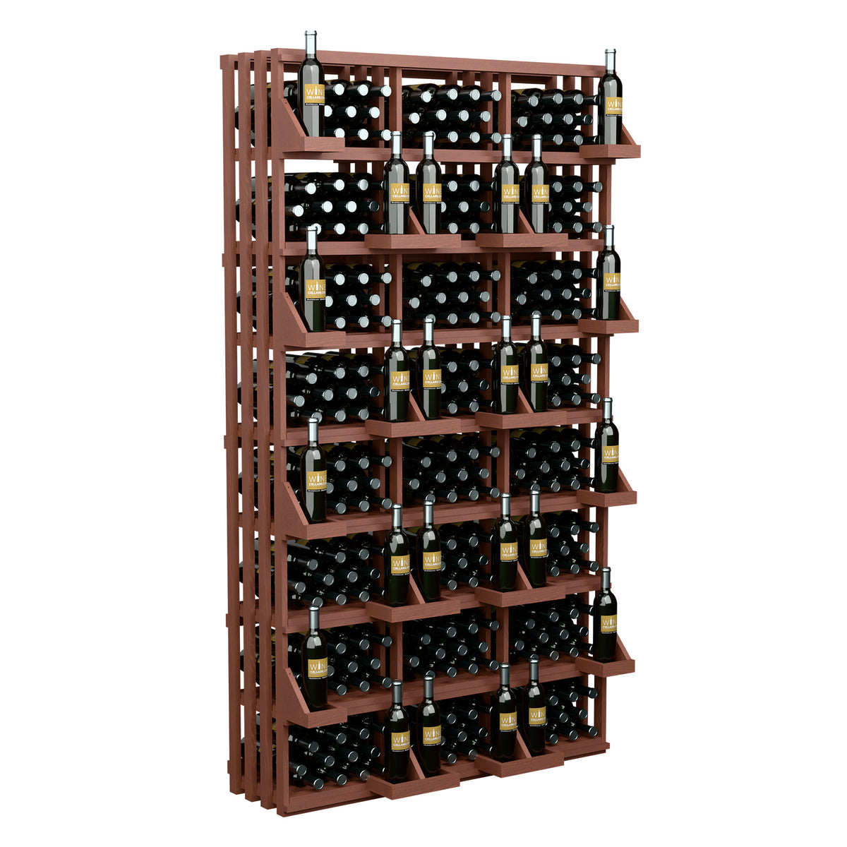 Red-brown wooden 312-bottle wine display rack with grid shelves holding bottles