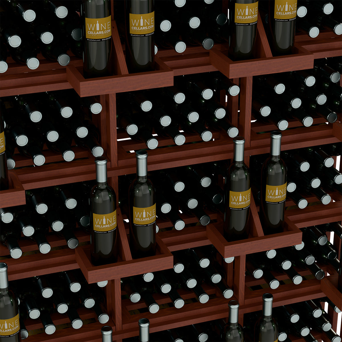 Close-up of wine bottle display shelves with dark bottles and silver bottle necks