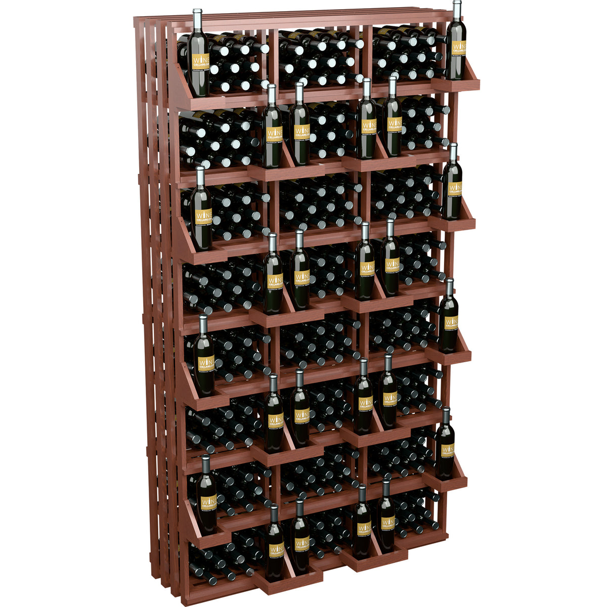 Brown wine bottle display rack with multiple shelves and bottle storage bins