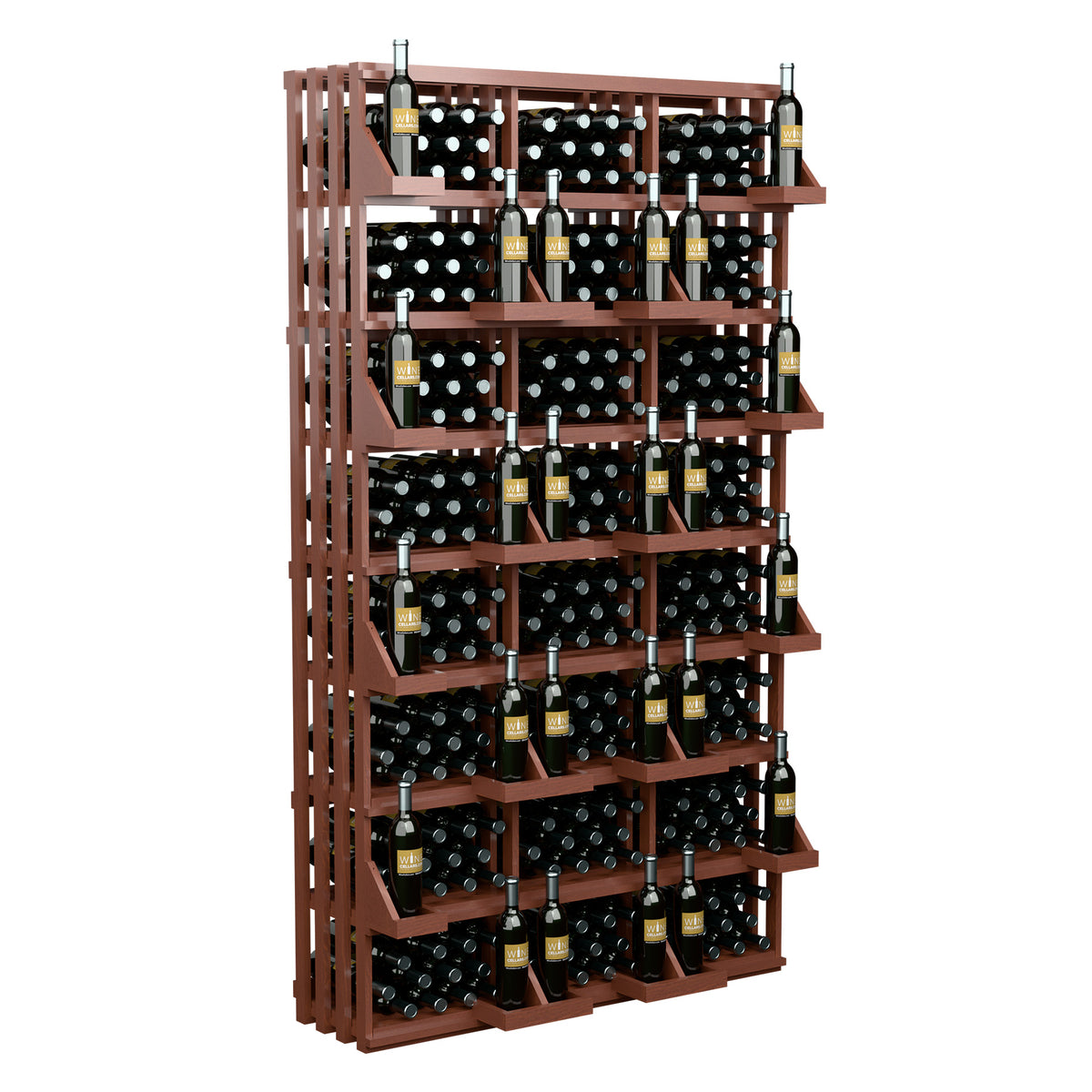 Brown wine bottle display rack, angled view with stacked bottle shelves