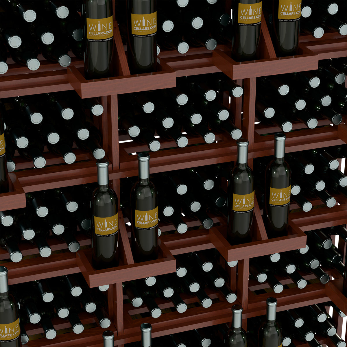 Brown wine bottle display interior showing bottle cradles across multiple rows