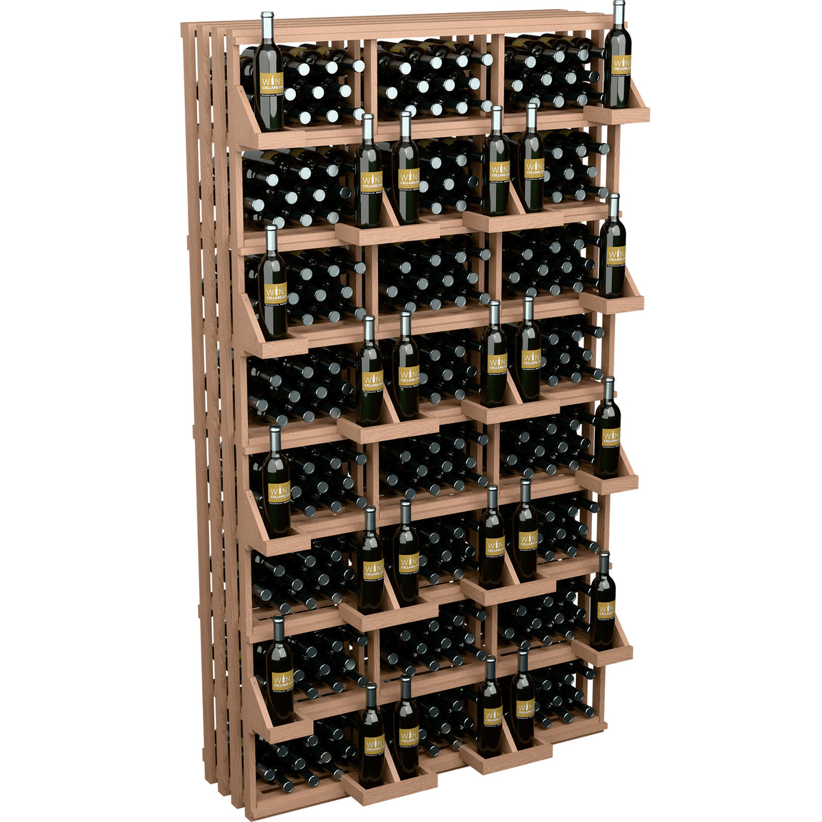 Wood wine bottle wall display rack with many compartments and bottle slots on shelves