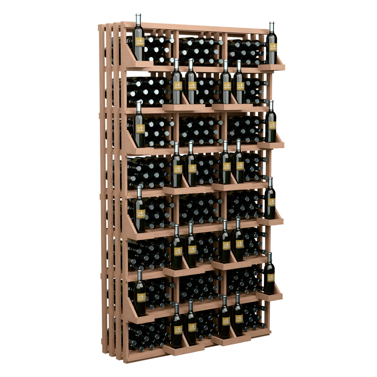 Commercial wine bottle display rack with light wood frame and stacked bottle compartments