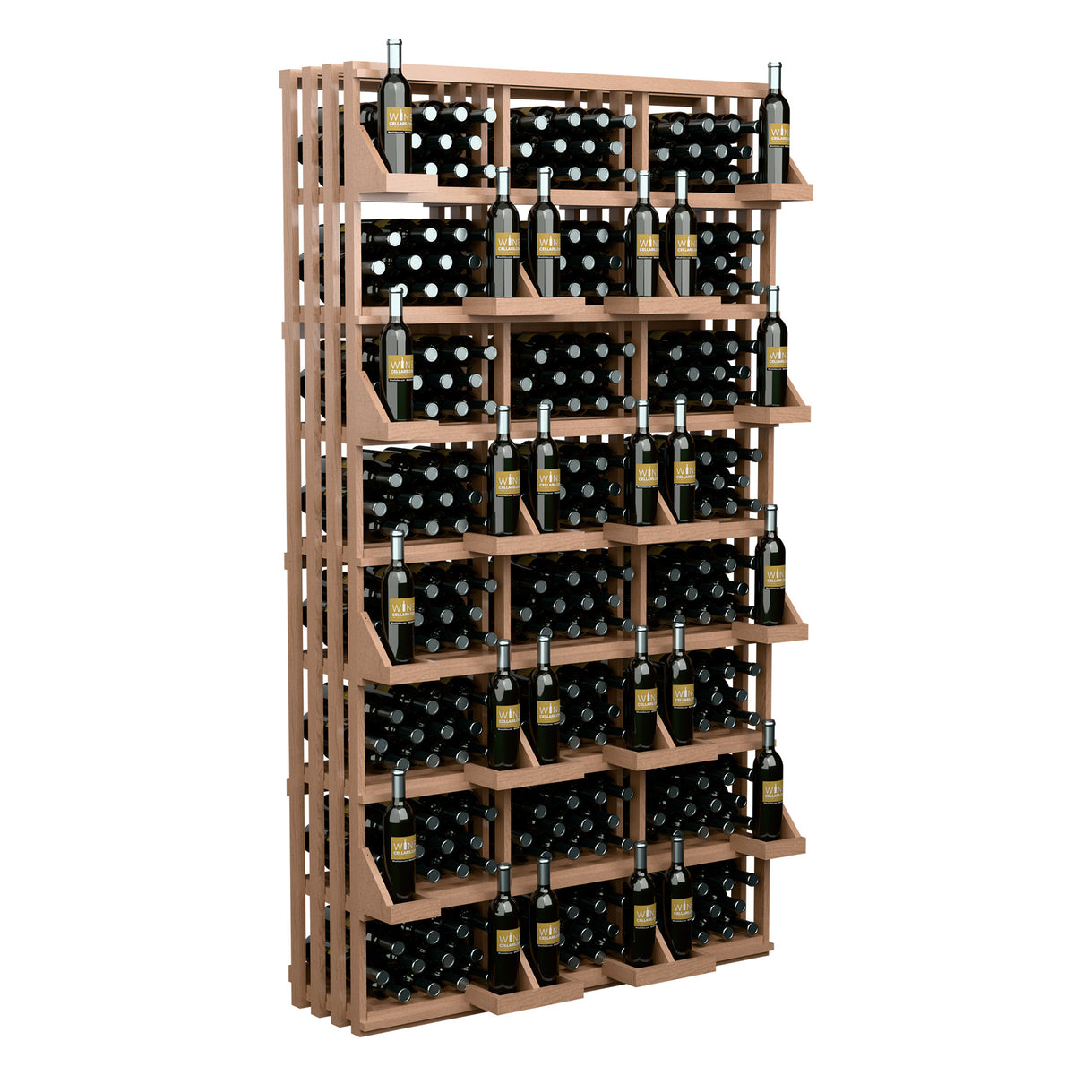 Light brown wine bottle display rack with front shelves of bottles