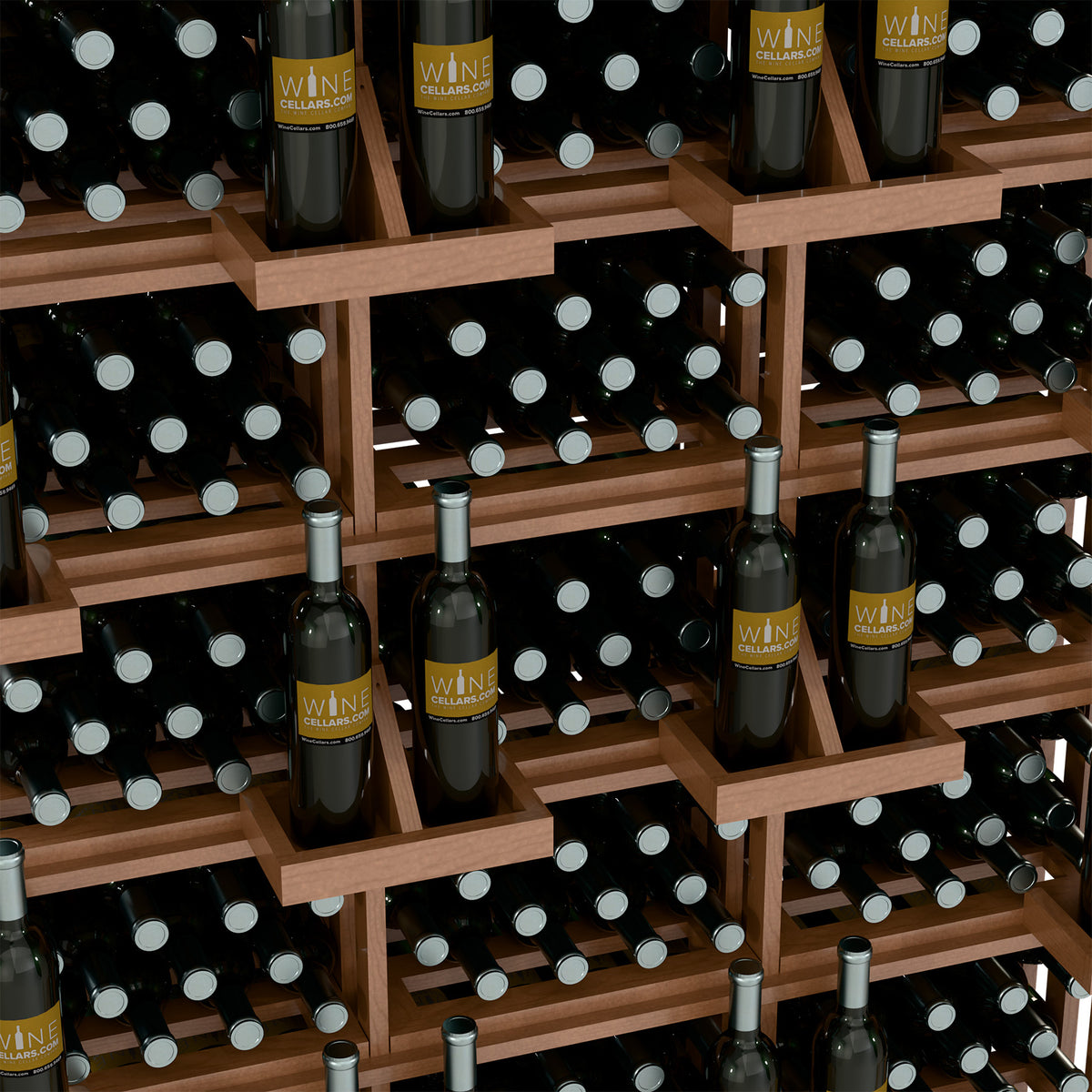 Light brown wine bottle display interior with cradles holding bottles in rows