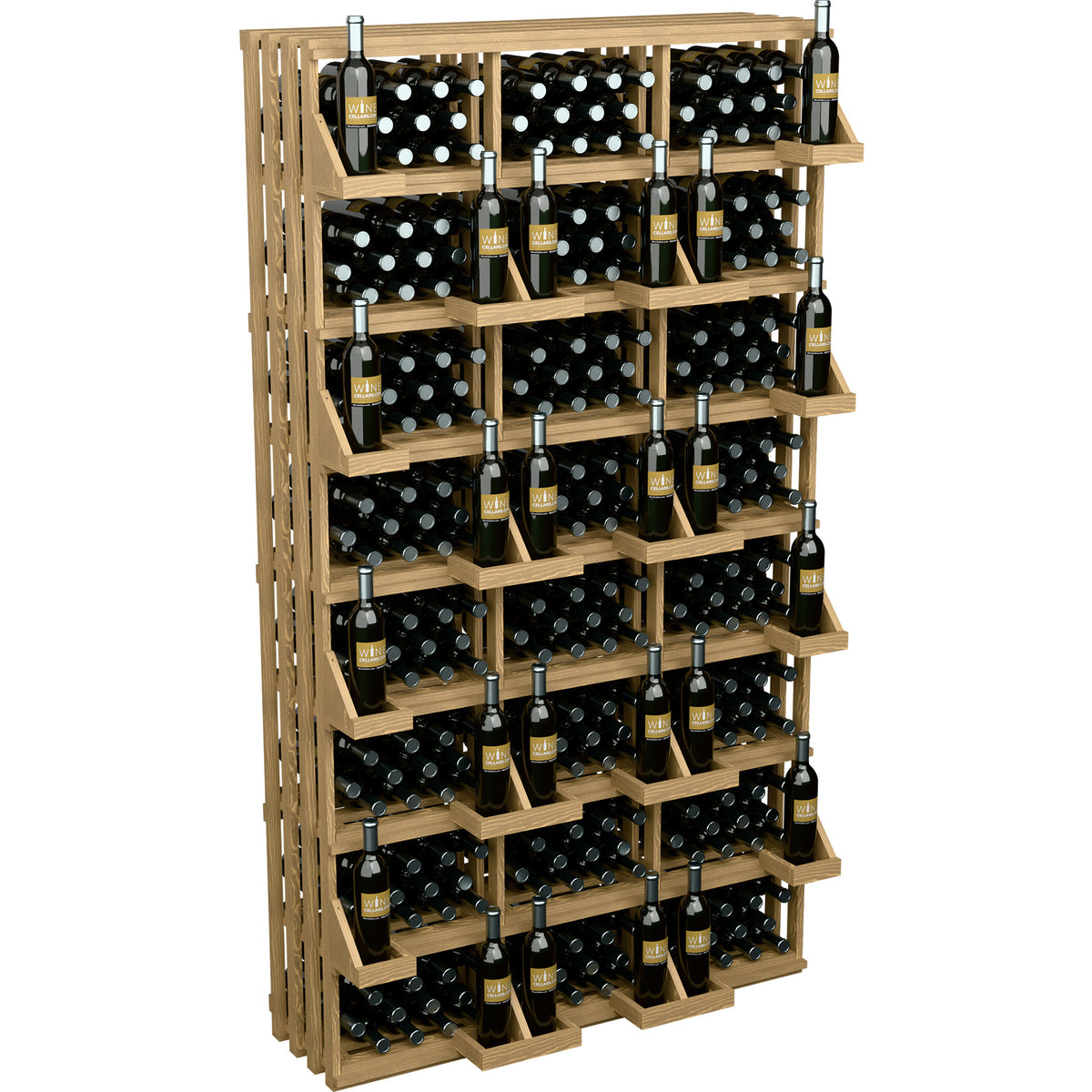 Wood wine bottle wall display rack with open rows of black bottles and vertical supports