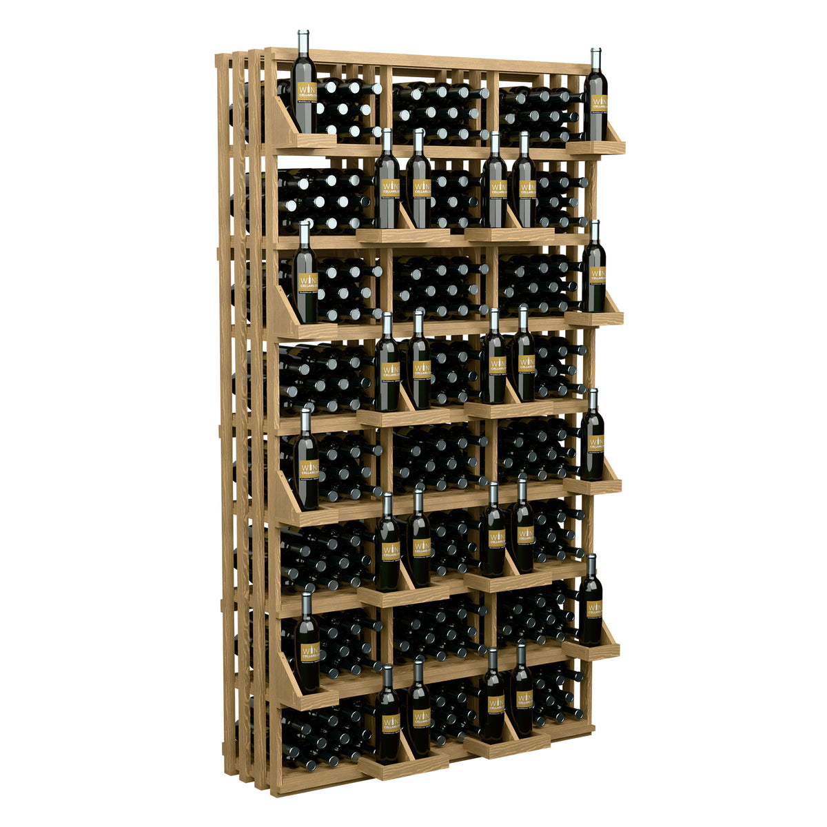 Natural light wood wine bottle display rack with stacked bottle rows