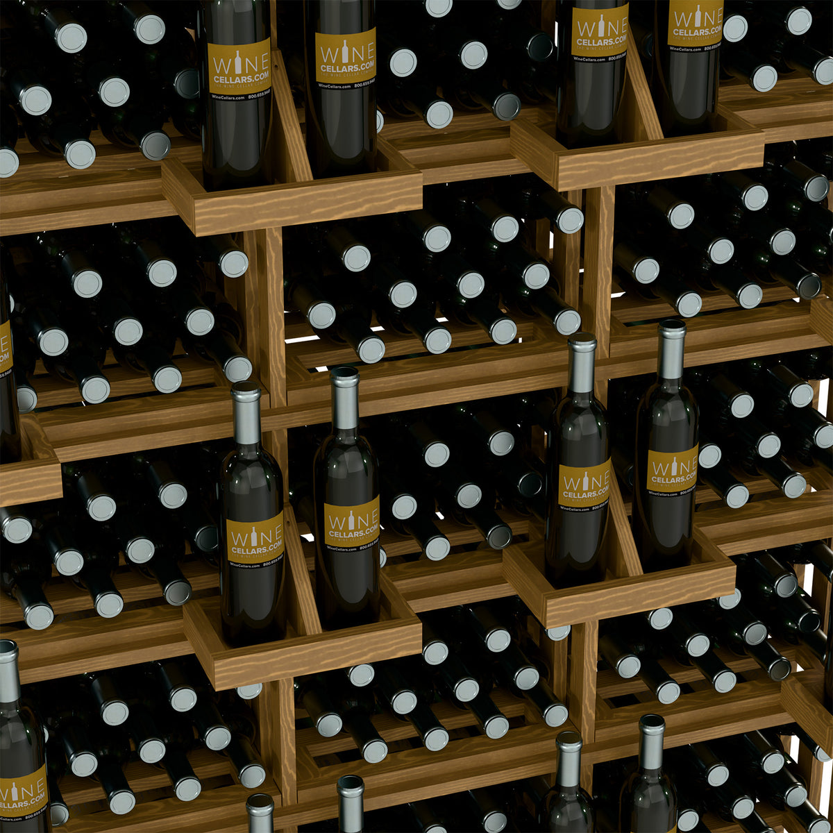 Wine bottle wall display close-up with medium wood shelves and dark bottles