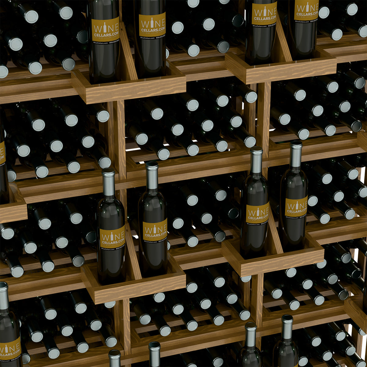 Close-up of tiered wooden bottle shelves with dark wine bottles