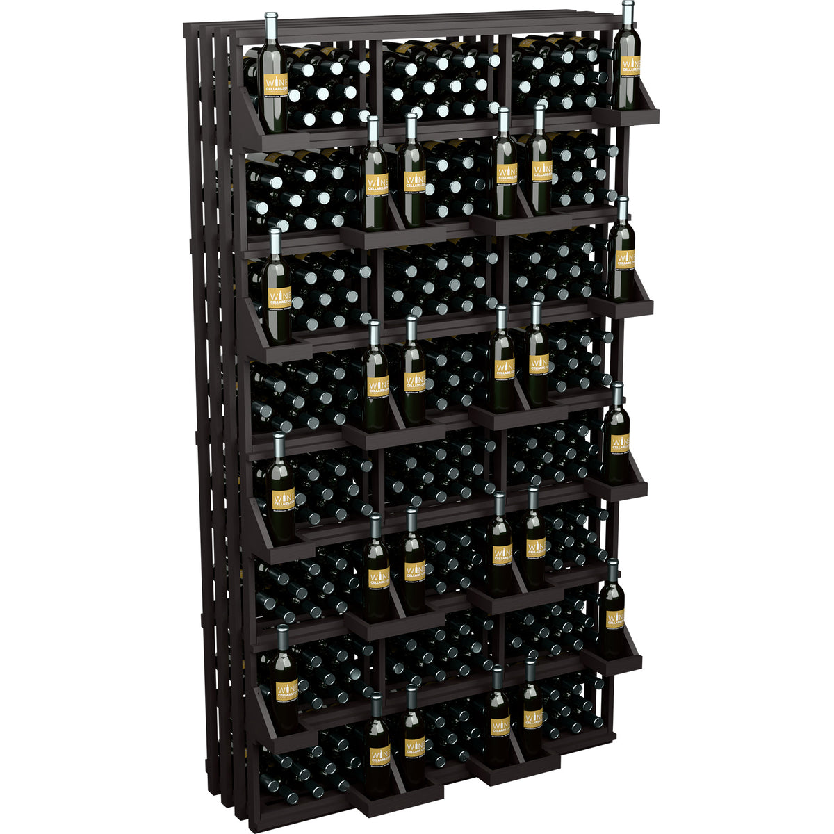 Dark wood wine bottle display rack with multiple shelves and bottles