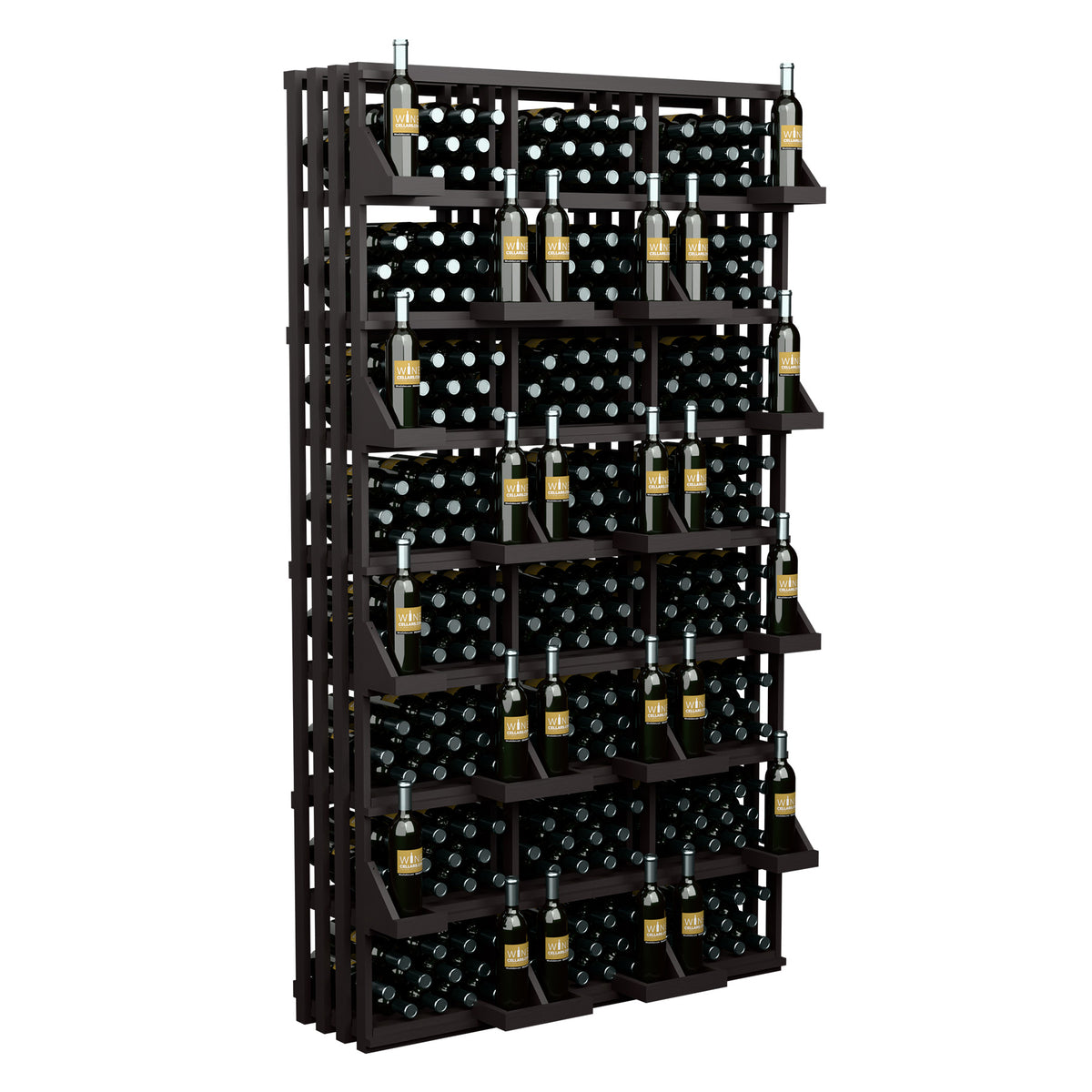 Black wall wine display rack with multiple levels of bottle storage compartments