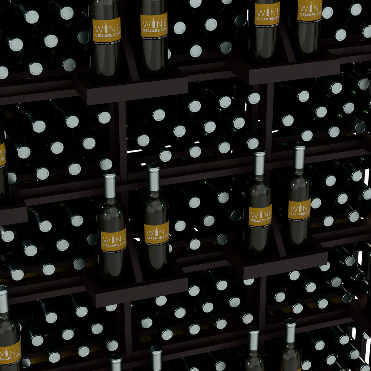 Close-up of wine bottle rack compartments with bottles and black circular labels