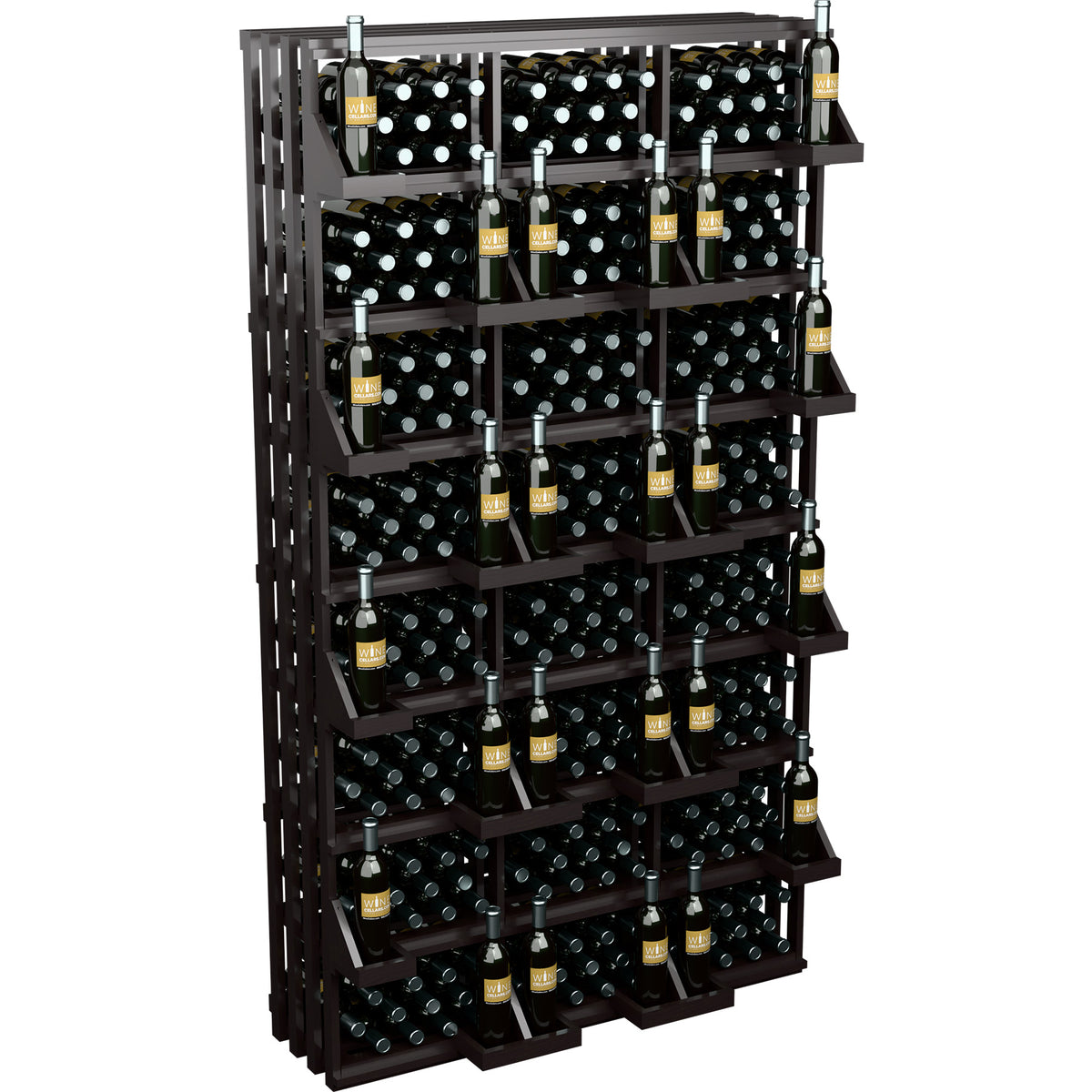 Dark wood wine bottle wall display rack with multiple tiers and bottle slots