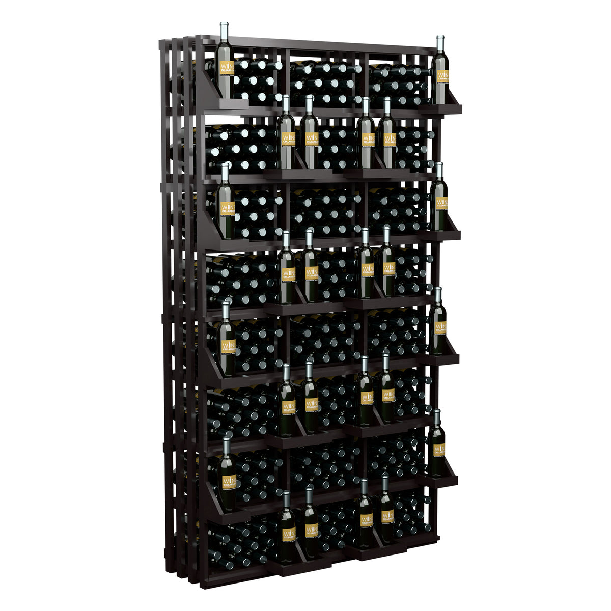 Stained wood wine bottle display rack with tiered shelves and bottle slots