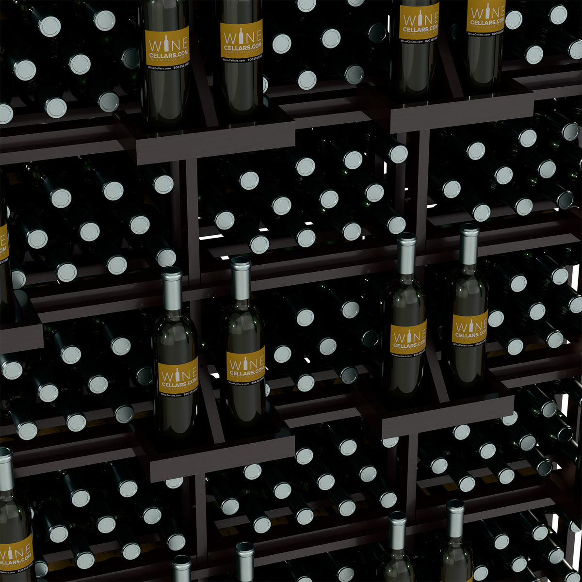 Close-up of dark wood bottle rack with rows of wine bottles in slots