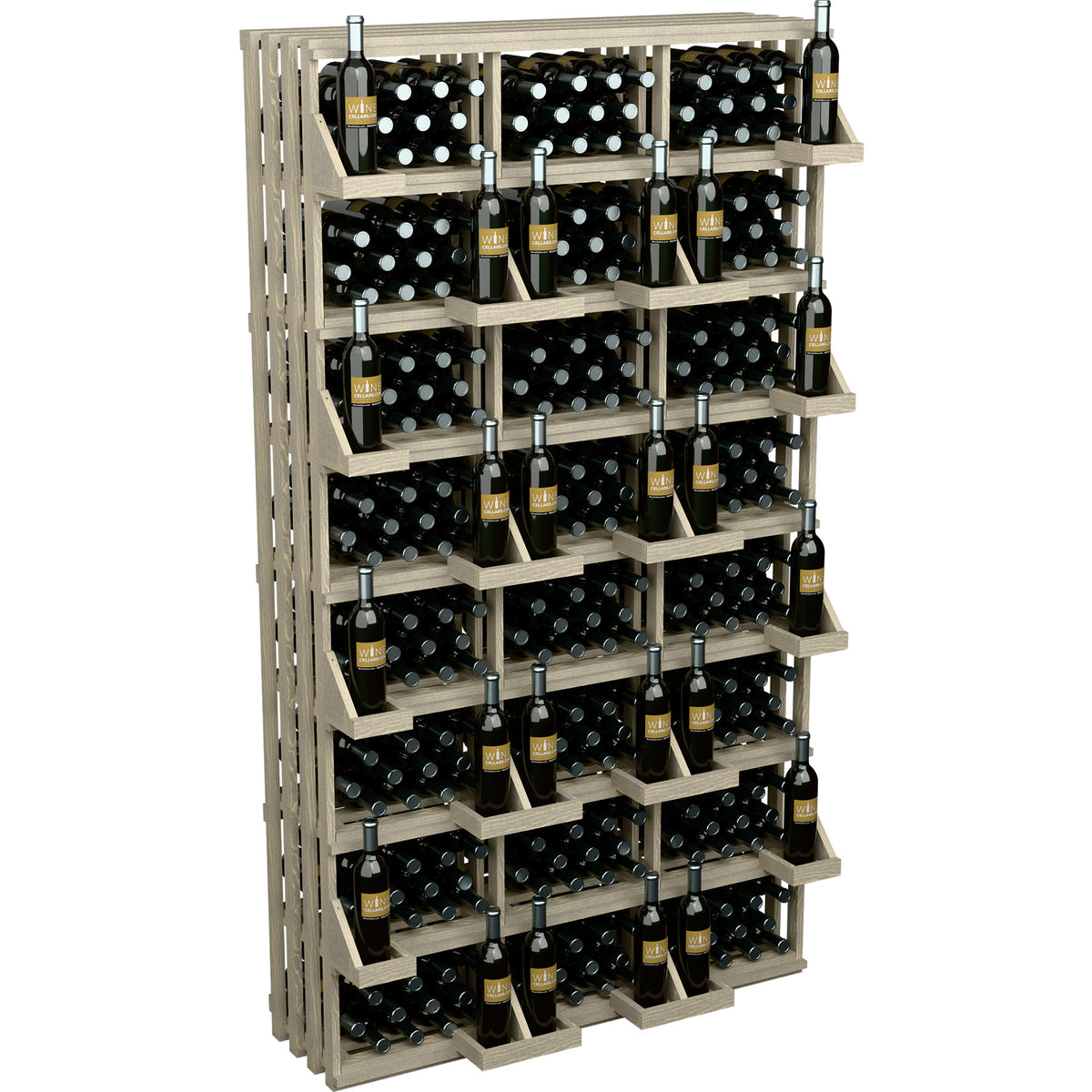 Wood wine bottle wall display rack showing side framing and stacked rows of black bottles