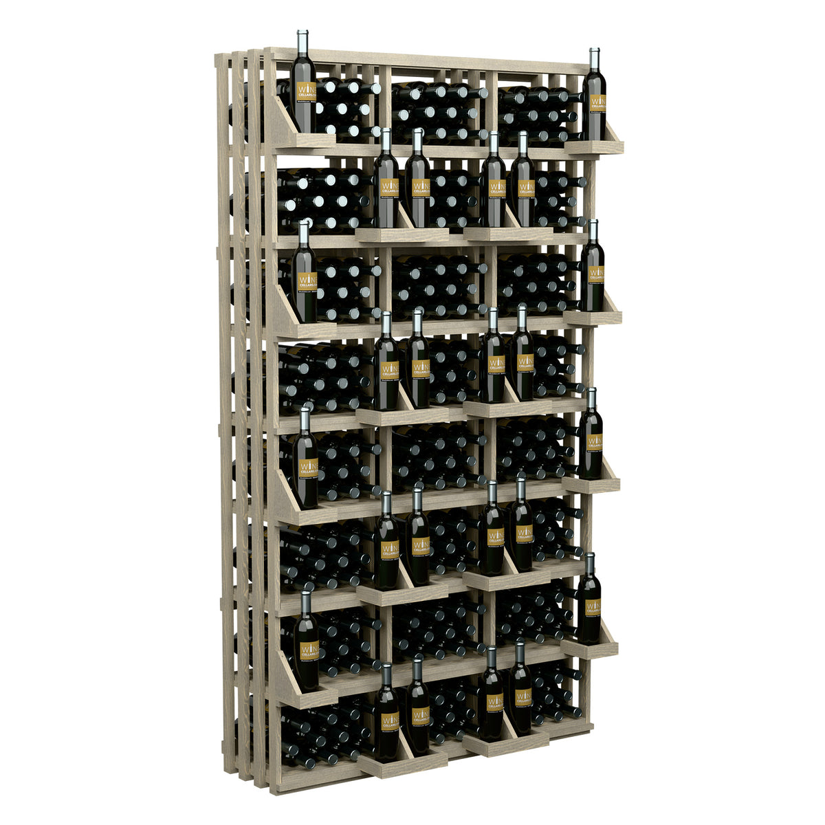 Light gray wooden 312-bottle wine display rack with grid shelves holding bottles