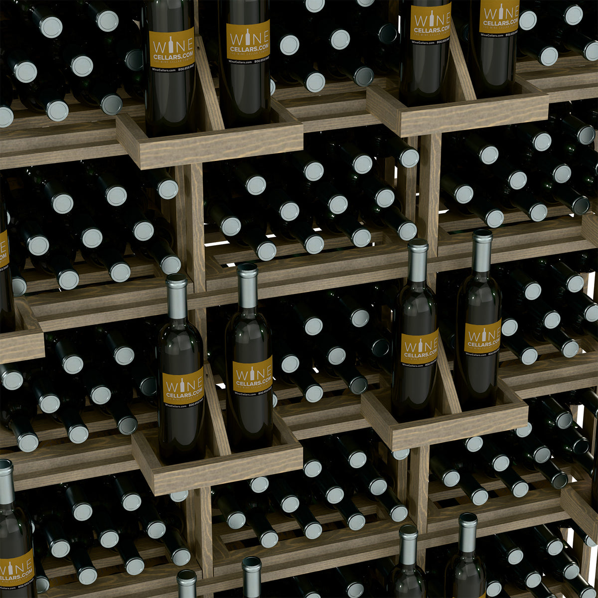 Wine bottle display with light wood shelves, packed with dark bottles