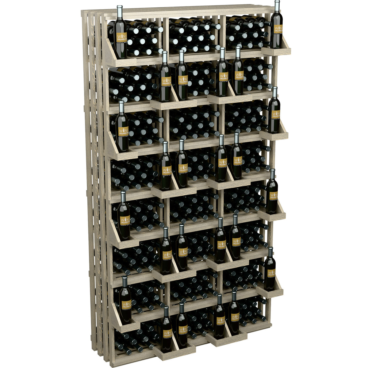 Light wood wine bottle wall display rack with stacked shelves for bottles