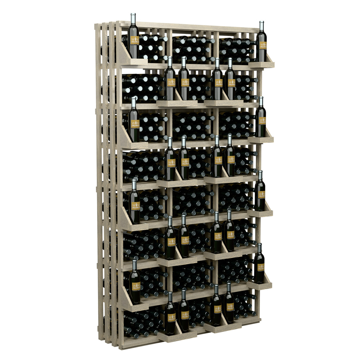 Light wood wine bottle display rack with front shelves and bottle slots