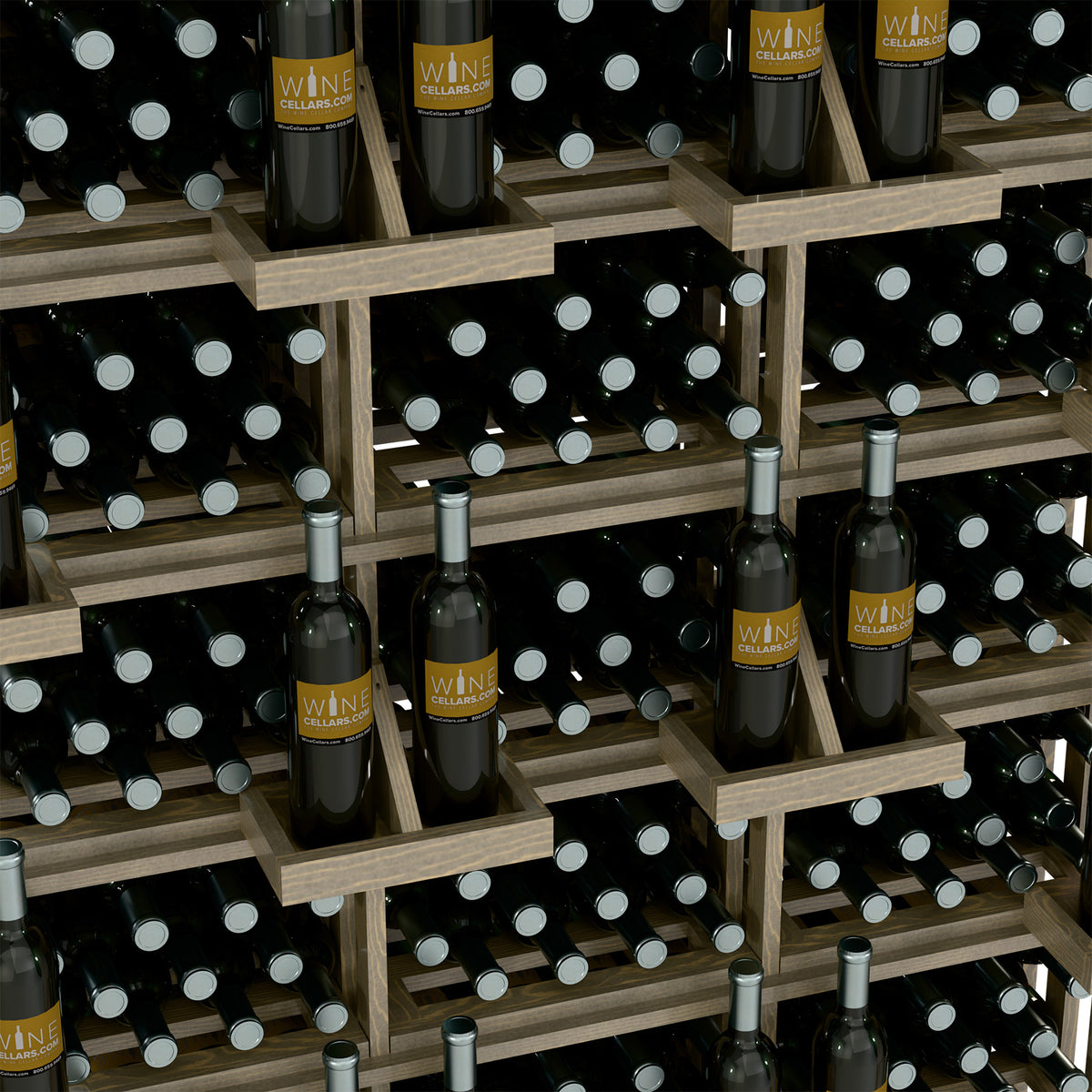 Close-up of light wood bottle rack with rows of wine bottles in circular slots
