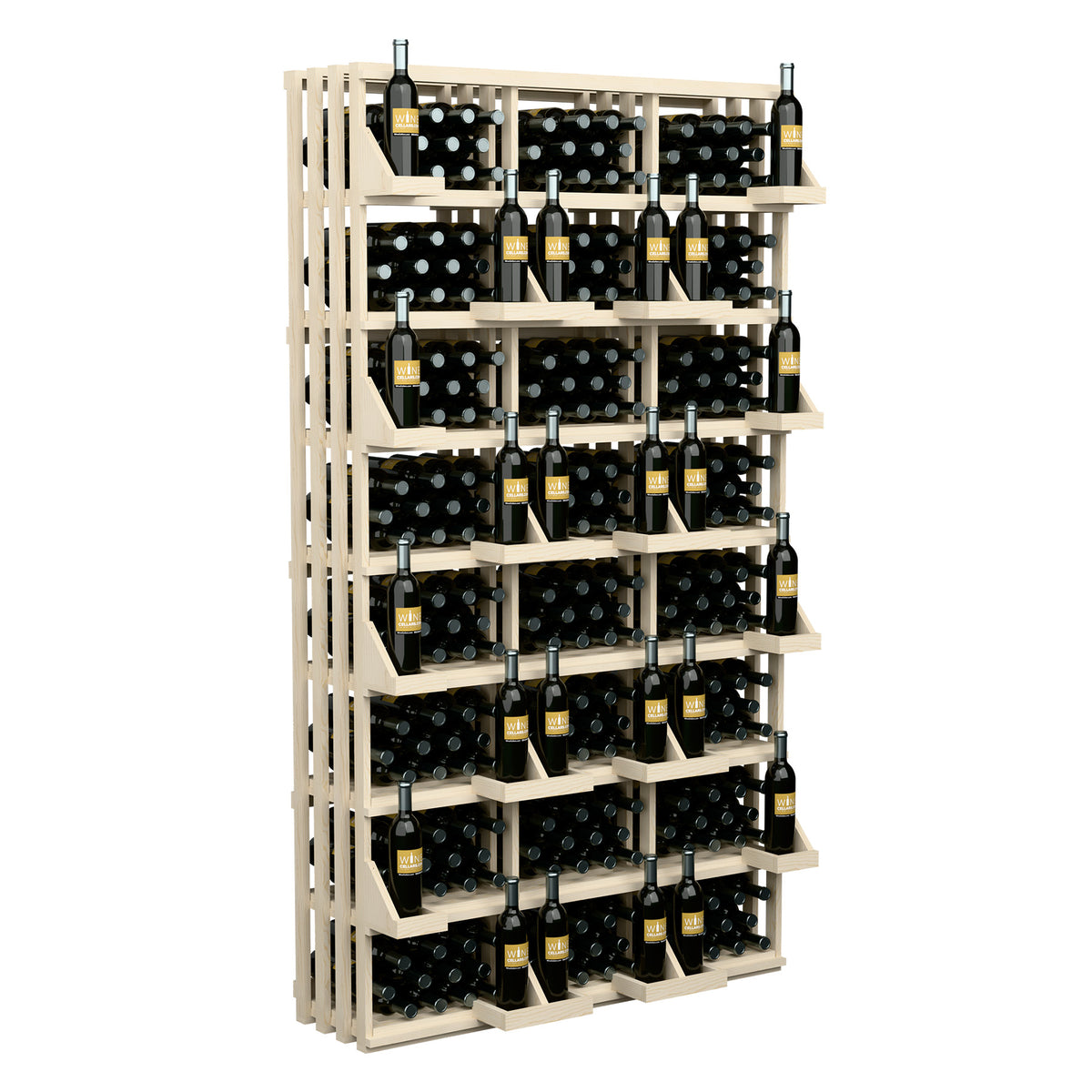 Light wood 312-bottle wine display rack with grid shelves holding bottles