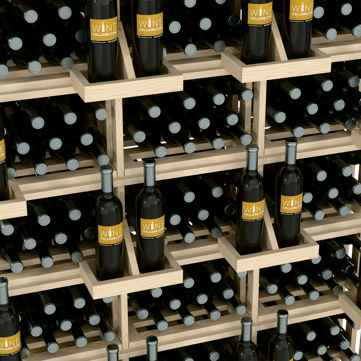 Light wood wine bottle wall rack with multiple tiers and bottles stored in bulk bins
