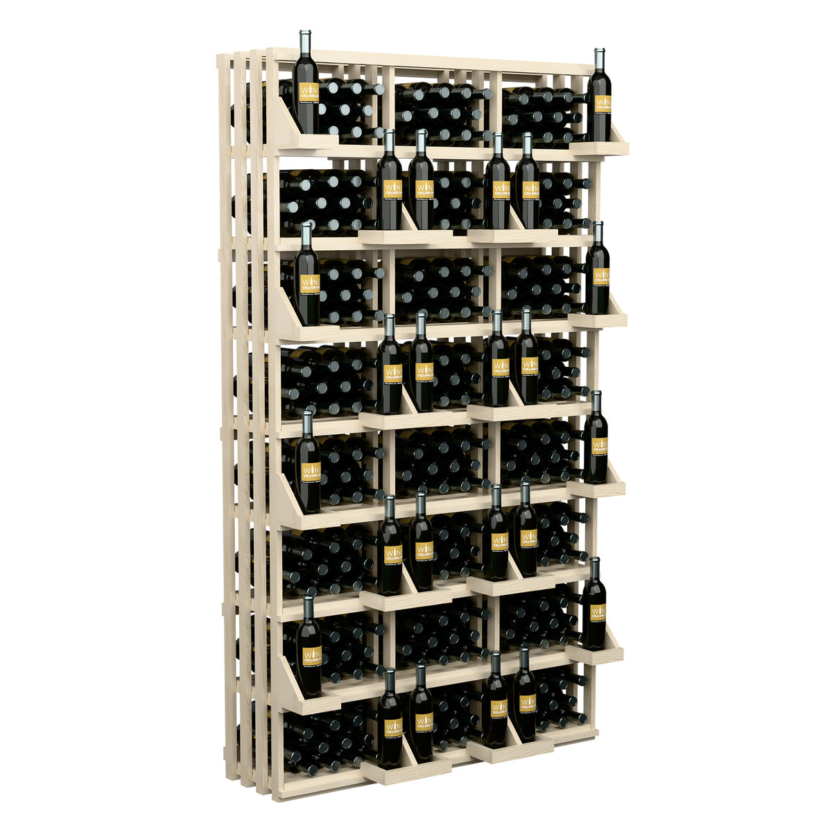 Light wood wine bottle display rack with multiple tiers of bottle holders